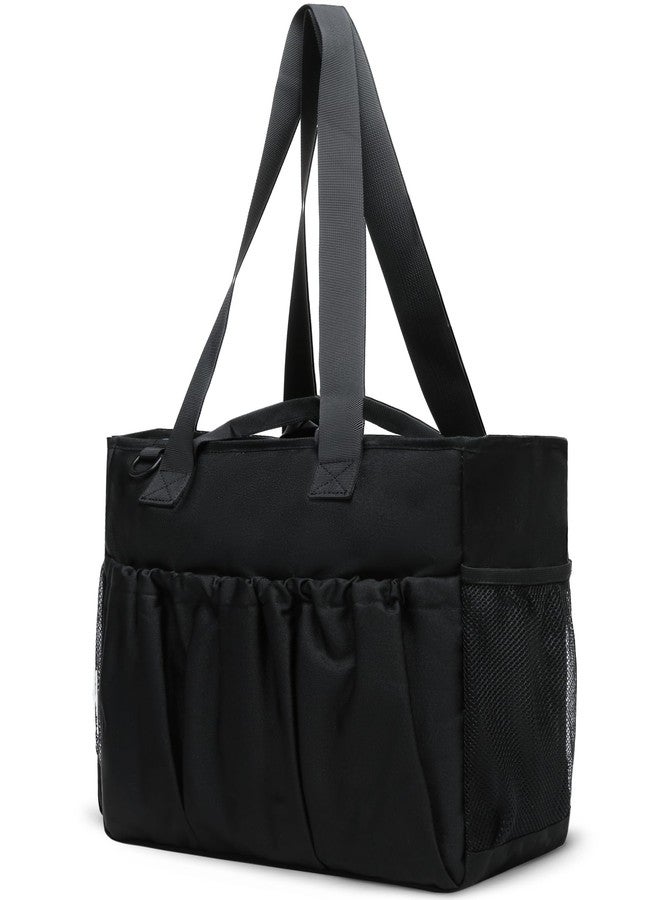 FOKDUVB Black Utility Tote with Pockets & Compartments for Women - Zippered Shoulder Bag for School, Travel, Work & Everyday Use - Water Bottle Pocket - Gift Idea - Image 1